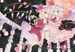  ascot bad_id bad_pixiv_id bat_wings blonde_hair bloomers blue_hair flandre_scarlet frilled_skirt frills g_z_mo_n hat looking_at_viewer mary_janes mob_cap moon multiple_girls night petals petticoat pink_hat pink_shirt pink_skirt puffy_short_sleeves puffy_sleeves red_eyes red_footwear red_moon red_skirt red_vest remilia_scarlet shirt shoes short_sleeves skirt sky smile star_(sky) starry_sky touhou underwear upskirt vest white_hat wings 