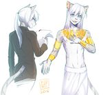  2016 5_fingers anthro armpits cat clothed clothing ear_piercing feline fumiko green_eyes hair looking_at_viewer male mammal midriff navel open_mouth piercing pink_nose seth slim smile solo standing teeth tongue white_hair 