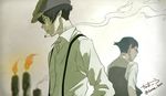  91_days avilio_bruno brown_hair candle chama_kou cigarette corteo facing_away fire glasses hat highres looking_to_the_side male_focus multiple_boys smoking suspenders twitter_username vest 