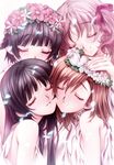  black_hair brown_hair cheek-to-cheek closed_eyes commentary_request eyelashes flower hair_flower hair_ornament hand_on_another's_head head_wreath highres misaka_mikoto multiple_girls parted_lips petals saten_ruiko senomoto_hisashi shirai_kuroko smile to_aru_kagaku_no_railgun to_aru_majutsu_no_index uiharu_kazari 