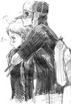  1girl backpack bad_id bad_pixiv_id bag blush chidoririri dorohedoro ebisu_(dorohedoro) fujita_(dorohedoro) greyscale hat highres hug hug_from_behind mask monochrome pout short_hair sketch 