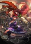  1girl akali alternate_costume alternate_hair_color butter cglas cooking facial_hair fish food fork gragas hairband hat indoors knife league_of_legends lobster_claw long_hair motion_blur open_mouth ponytail radish red_eyes red_hair sashimi_akali standing tahm_kench very_long_hair wide_sleeves yellow_sclera 