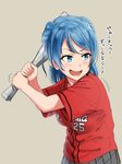  alternate_costume aoi_chizuru baseball_uniform blue_eyes blue_hair breasts buttons commentary_request double_bun eighth_note grey_skirt highres hiroshima_touyou_carp holding kantai_collection looking_afar looking_back medium_breasts motion_lines musical_note newspaper nippon_professional_baseball open_mouth pleated_skirt rolled_up_newspaper short_sleeves simple_background skirt solo sportswear translation_request urakaze_(kantai_collection) 