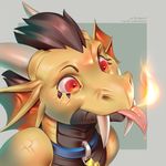  2016 anthro collar dragon fire hair horn miles_df red_eyes reptile scales scalie simple_background smile tongue tongue_out 