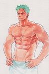  1boy abs green_hair hands_on_hips inmomakuro male_focus muscle nipples one_piece pecs piercing scar solo topless towel wink 