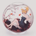  air_bubble animal barefoot black_dress branch bubble cherry_blossoms dress fish fishbowl flower from_side full_body goldfish green_eyes grey_background hair_flower hair_ornament highres in_bowl in_container saimon_ma sakura_trick short_hair short_twintails simple_background solo sonoda_yuu strapless strapless_dress submerged twintails water white_flower 