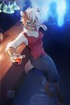  2016 4_toes 5_fingers alcohol anthro barefoot beverage blue_eyes breasts brown_nose clothed clothing detailed_background digitigrade eyelashes feline female fumiko fur hair mammal saber-toothed_cat sitting slim solo tan_fur teeth toes white_hair 