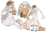  ass blue_eyes character_sheet closed_eyes dress fate/grand_order fate_(series) grey_hair hat high_heels hsin knees_up long_hair looking_at_viewer lying marie_antoinette_(fate/grand_order) marie_antoinette_(swimsuit_caster)_(fate) multiple_views on_back pig sandals simple_background sleeveless sleeveless_dress smile twintails white_background 