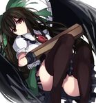  arm_cannon ass_visible_through_thighs bird_wings black_hair black_legwear black_wings bow cape closed_mouth collared_shirt commentary_request frilled_shirt_collar frilled_skirt frills green_bow green_skirt hair_bow highres janne_cherry long_hair looking_at_viewer puffy_short_sleeves puffy_sleeves red_eyes reiuji_utsuho shirt short_sleeves sitting skirt solo thighhighs third_eye touhou weapon white_background white_shirt wings 