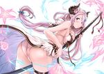  1girl ass bare_shoulders between_breasts between_legs bikini blue_eyes blush breasts cleavage demon_horns earrings granblue_fantasy hair_ornament hair_over_one_eye jewelry katana large_breasts leaning leaning_forward long_hair looking_at_viewer narumeia_(granblue_fantasy) open_mouth panties pink_hair pink_panties pointy_ears shiny shiny_hair shiny_skin sidelocks solo swimsuit sword thigh_strap very_long_hair weapon 