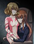  age_difference ahoge akuma_no_riddle arm_around_back athyra blonde_hair blue_shirt blush breasts brown_hair business_suit chair closed_mouth clothed_female_nude_female collarbone eyebrows eyebrows_visible_through_hair formal full_body_tattoo girl_on_top hand_on_another's_arm hand_on_another's_hip hashiri_nio head_tilt hickey long_hair long_sleeves looking_at_viewer looking_to_the_side multiple_girls navel no_nipples nude office_chair on_lap parted_lips pink_eyes red_eyes shirt short_hair sitting sitting_on_person small_breasts smile stomach suit tattoo tsurime yuri yuri_meichi 