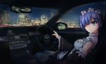  blue_eyes car car_interior city detached_sleeves flower ground_vehicle hair_flower hair_ornament hair_over_one_eye hairclip lexus looking_at_viewer maid motor_vehicle night re:zero_kara_hajimeru_isekai_seikatsu rem_(re:zero) right-hand_drive serious short_hair solo steering_wheel thighhighs tianyu_jifeng wide_sleeves zettai_ryouiki 