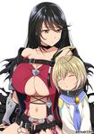  1girl :o arm_at_side arm_guards armor bare_shoulders belt belt_buckle black_hair blue_neckwear breasts brown_eyes brown_hair buckle center_opening cleavage closed_mouth collar collarbone eyebrows eyebrows_visible_through_hair gem hair_between_eyes highres kloah laphicet_(tales) large_breasts light_smile long_hair long_sleeves navel necktie parted_lips sapphire_(stone) simple_background sitting sleeping sleeping_upright smile stomach tales_of_(series) tales_of_berseria torn_clothes underboob velvet_crowe white_background 