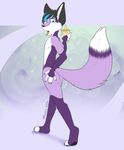  black_fur black_hair blue_eyes boba_tea canine cyan_hair fluffy fluffy_tail fox fur girly hair looking_at_viewer machina mammal multicolored_fur multicolored_hair nude open_mouth piercing purple_fur solo taro tongue white_fur 