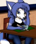  2016 anthro bare_shoulders black_nose blue_fur blue_hair canine cereal chair clothing dourdoofus female food fox fur green_eyes hair krystal mammal markings nintendo short_hair sitting solo star_fox table video_games white_fur 