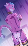  anthro bare_back blue_eyes blue_hair blue_nose butt cat clothed clothing collar eyelashes feline fingers fumiko fur hair looking_back male mammal pink_fur solo standing topless 