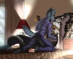  anthro bed black_hair blush bound canine clothed clothing donritzu fur grey_fur hair lamp licking male male/male mammal necktie open_shirt simple_background ticl tongue tongue_out white_hair 