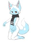  blue_fur blush brown_eyes canine cub fox fur humanoid_penis kneeling ladouce male mammal nipples partially_retracted_foreskin penis scarf simple_background solo uncut white_fur young 