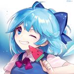  ahoge ainy77 bad_id bad_pixiv_id blue_background blue_bow blue_eyes blue_hair blue_vest bow bowtie cirno food grin hair_bow ice ice_wings looking_at_viewer one_eye_closed parted_lips pink_bow pink_neckwear popsicle short_sleeves smile solo star touhou upper_body vest watermelon_bar wings 