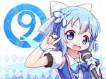  1girl 2016 \m/ adapted_costume blue_dress blue_eyes blue_hair bow bracelet cirno dated dress hair_bow ice ice_wings jewelry langbazi microphone sailor_collar seikan_hikou short_hair signature solo touhou wings 
