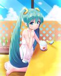  aqua_hair barefoot blue_eyes cloud commentary_request day dress eating from_side hatsune_miku highres kasehk long_hair looking_at_viewer shaved_ice sitting sky solo strap_slip twintails very_long_hair vocaloid wariza white_dress 