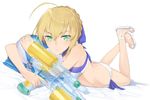  :t ahoge artoria_pendragon_(all) artoria_pendragon_(swimsuit_archer) ball bare_arms bare_legs bare_shoulders beachball bikini blonde_hair blue_ribbon blush breasts butt_crack closed_mouth fate/grand_order fate_(series) foreshortening full_body green_eyes hair_between_eyes hair_ribbon hayashi_kewi legs_up looking_at_viewer lying no_socks on_stomach pout ribbon short_hair simple_background small_breasts solo swimsuit trigger_discipline water_gun white_background 