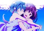  anime_coloring blue blue_background blue_hair dress hair_between_eyes hair_ornament holding_hands hug hug_from_behind interlocked_fingers mahou_shoujo_madoka_magica mesushirindaa miki_sayaka multiple_girls official_style one_eye_closed pout red_hair sakura_kyouko shell_hair_ornament short_hair strap_slip touching underwater upper_body wince yuri 