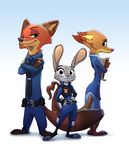  anthro blue_eyes canine clothed clothing disney fan_character female fox fully_clothed green_eyes group judy_hopps lagomorph looking_at_viewer male mammal megan_fawkes nick_wilde one_eye_closed police purple_eyes rabbit rear_view ruffu smile uniform wink zootopia 