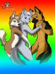  2015 anthro black_fur black_nose blue_eyes brown_eyes brown_fur brown_nose canine ceruby digital_media_(artwork) dog featureless_crotch friends fur german_shepherd green_nose grey_fur group hand_holding hi_res hug husky looking_at_viewer male mammal multicolored_fur naturally_censored nude pink_tongue rainbow_background simple_background smile tongue tongue_out two_tone_fur watermark white_fur wolf 