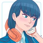  black_hair blue_eyes blush collared_shirt earrings eyebrows headphones headphones_around_neck herokick highres jacket jewelry kill_la_kill kiryuuin_satsuki long_hair protected_link shirt solo thick_eyebrows 