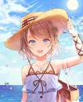  :d anchor anchor_necklace bag bangs bird blue_eyes brown_hair hand_on_headwear handbag hat highres jewelry kim_eb looking_at_viewer love_live! love_live!_school_idol_festival love_live!_sunshine!! necklace ocean open_mouth ribbon seagull short_hair sleeveless smile solo straw_hat sun sunlight swept_bangs upper_body watanabe_you water_drop wrist_ribbon 