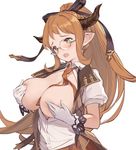  blush breasts breasts_outside brown_hair covering covering_nipples draph glasses gloves granblue_fantasy green_eyes hair_ribbon horns large_breasts long_hair necktie open_mouth pointy_ears ponytail ribbon rimless_eyewear sarya_(granblue_fantasy) simple_background solo supertie white_background white_gloves 