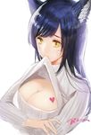  ahri animal_ears artist_name bibiko black_hair breasts cleavage facial_mark fox_ears heart large_breasts league_of_legends long_hair meme_attire open-chest_sweater simple_background solo sweater whisker_markings white_background yellow_eyes 