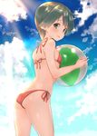  :d alternate_costume ass ball bare_arms bare_legs bare_shoulders beachball bikini blue_sky blush breasts cloud cowboy_shot day flat_ass from_side green_eyes green_hair holding holding_ball kantai_collection light_rays looking_at_viewer looking_back mogami_(kantai_collection) open_mouth red_bikini short_hair side-tie_bikini sky small_breasts smile solo sunlight suzuho_hotaru swimsuit tareme thighs 