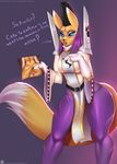  2016 annoyed anthro blue_eyes blur butt claws digimon doomthewolf english_text female fur headdress hi_res looking_at_viewer ring robes taomon text yellow_fur 