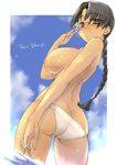  ass bikini black_hair blush braid breasts brown_eyes cloud day eyepatch_bikini glasses hand_on_eyewear hoshina_tomoko large_breasts long_hair nipples outdoors shiny shiny_skin signature single_braid sky solo string_bikini swimsuit tan tanline to_heart topless tsuina water 