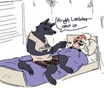  anthro bed betty_(weaver) black_fur blush canine caprine clothed clothing dialogue disney english_text feeding female fur icepack ill male mammal nobody_(artist) pack_street remmy_cormo sheep simple_background soup text wolf zootopia 