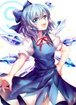  1girl blue_dress blue_eyes blue_hair bow cirno dress fairy_wings hair_bow ice ice_wings open_mouth puffy_short_sleeves puffy_sleeves red_ribbon ribbon short_hair short_sleeves sketch solo touhou wings yuli_(yulipo) 