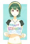  :p casual clothes_writing collarbone cowboy_shot green_hair happy_birthday idolmaster idolmaster_(classic) jewelry looking_at_viewer mole mole_under_mouth multicolored multicolored_text navel otonashi_kotori pendant red_eyes shirt_lift short_hair solo t-okada tongue tongue_out 