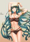  1girl armband armpits bangs bra bracelet breasts cleavage cleopatra_(fate/grand_order) commentary_request cowboy_shot earrings fate/grand_order fate_(series) gradient gradient_background green_eyes green_hair hairband hoop_earrings jewelry lace lace-trimmed_bra lace-trimmed_panties lingerie long_hair looking_at_viewer mashu_003 medium_breasts necklace panties smile solo title underwear very_long_hair 