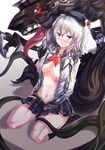  absurdres blue_eyes blush breasts claws cleavage crying hat highres julioalqae kantai_collection kashima_(kantai_collection) kneehighs large_breasts long_tongue looking_at_viewer navel nipples silver_hair sitting skirt solo tearing_up tentacles tongue torn_clothes torn_skirt twintails wariza 