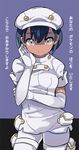  aether_foundation_employee bangs black_hair brown_eyes closed_mouth dark_skin elbow_gloves gloves hair_between_eyes hat looking_at_viewer pantyhose pokemon pokemon_(game) pokemon_sm short_hair short_jumpsuit short_sleeves smile solo text_focus thigh_strap toi_(toiot) translation_request two-tone_background white_gloves white_hat white_legwear 