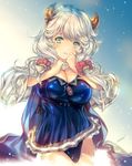  artist_name blush breasts camieux cleavage draph granblue_fantasy horns large_breasts long_hair looking_at_viewer low_twintails min-naraken open_mouth scrunchie silver_hair solo twintails wide_sleeves yellow_eyes 