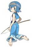  baggy_pants bare_shoulders barefoot blue_eyes blue_hair blue_sailor_collar capri_pants feet fishing_rod hairband kneeling looking_back oyatsu_(mk2) pants pokemon pokemon_(game) pokemon_sm sailor_collar short_hair soles solo suiren_(pokemon) toes trial_captain 