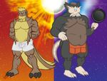  2016 alolan_raticate anso/rez anthro apron barefoot beard belly biceps big_belly black_fur boxers_(clothing) brown_fur bulge claws clothed clothing duo facial_hair frying_pan fur gumshoos hair hands_behind_back holding_object long_tail looking_at_viewer male mammal manly moobs mostly_nude muscular muscular_male naked_apron nintendo obese overweight pecs pok&eacute;mon pok&eacute;morph rat raticate regional_variant rodent standing teeth thick_thighs toe_claws topless underwear video_games whiskers yellow_fur 
