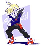  blonde_hair character_name chiyo_(shuten_dj) covering_face fanny_pack full_body gladio_(pokemon) green_eyes looking_at_viewer male_focus pokemon pokemon_(game) pokemon_sm pose protected_link shoes simple_background sneakers solo vest white_background 