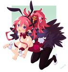  artist_name breasts bunnysuit cleavage crown disgaea fang highres iwasi-r jewelry large_breasts leotard looking_at_viewer makai_senki_disgaea_5 open_mouth pantyhose pink_hair pointy_ears ponytail red_leotard seraphina_(disgaea) smile solo wrist_cuffs 