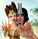 2girls beach blak_hair blue_eyes bras breasts brown_hair cleavage egypt egyptian game goddess gold jewelry lips lipstick makeup moba multiple_girls neith open_mouth purple_eyes purple_lipstick red_lipstick serqet sexy smile smite tatoo thick_lips 