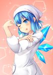  :p blue_eyes blue_hair cirno flexing head_scarf highres ice ice_wings kappougi kirimori_toya long_sleeves one_eye_closed pose short_hair solo tenugui tongue tongue_out touhou wings 