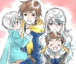  blue_hair blush brown_hair child circlet earrings feather_earrings green_eyes jewelry long_hair male_focus mikleo_(tales) multicolored_hair multiple_boys open_mouth purple_eyes scarf shiitake_(gensoudou) smile sorey_(tales) tales_of_(series) tales_of_zestiria time_paradox two-tone_hair white_hair younger 